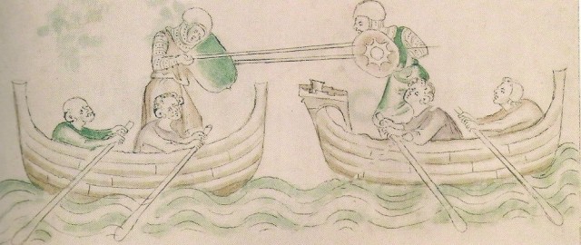Un raro duelo cortesano. Naves en vez de caballos - Psalterio de la reina María, Inglaterra, c. 1325-1353